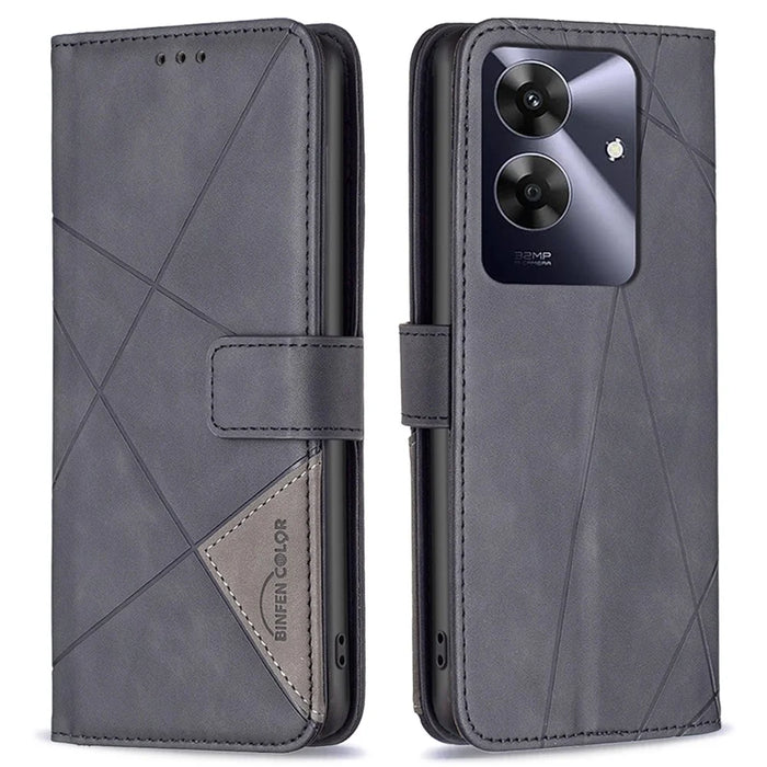 BINFEN COLOR For Realme Note 60 / C61 4G Phone Cases Wallet Stand Geometry Imprint Leather Cover - Black - 1
