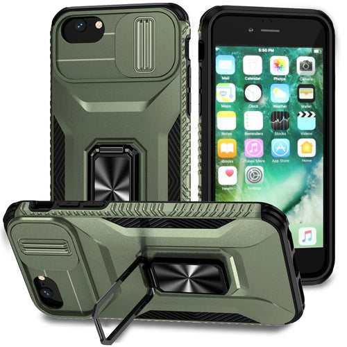For iPhone SE (2022) / SE (2020) / 8 / 7 / 6s / 6 Case Camshield Kickstand TPU+PC Anti-Slip Phone Cover - Green - 1