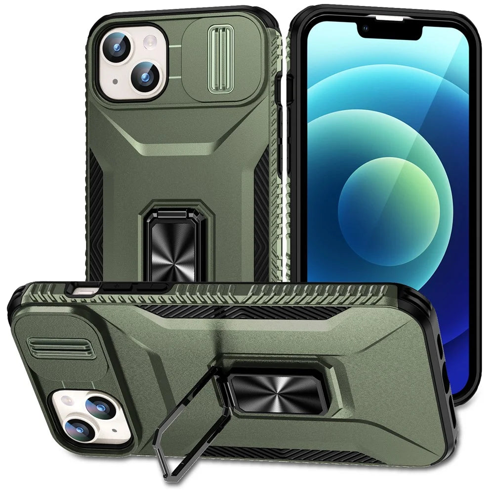 For iPhone 15 Plus / 14 Plus Case Camshield Kickstand TPU+PC Anti-Slip Phone Cover - Green - 1