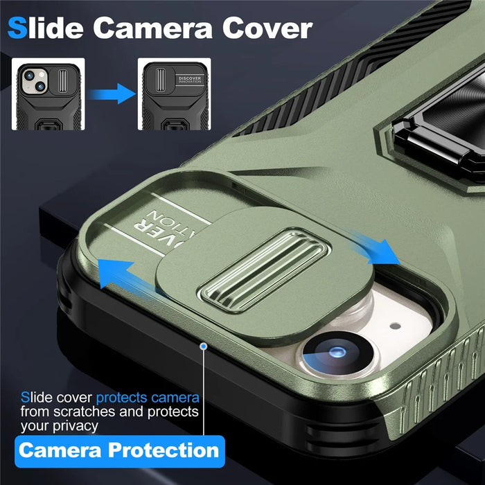 For iPhone 15 Plus / 14 Plus Case Camshield Kickstand TPU+PC Anti-Slip Phone Cover - Green - 2