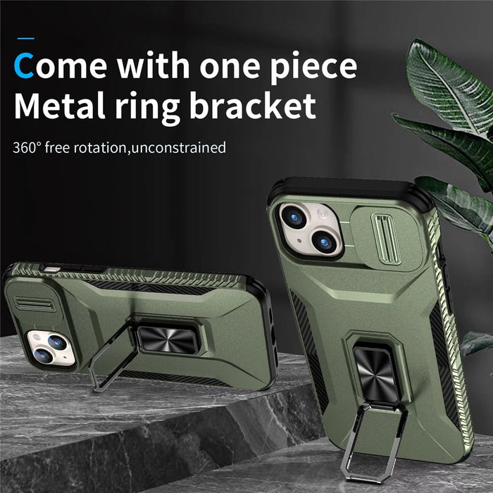 For iPhone 15 Plus / 14 Plus Case Camshield Kickstand TPU+PC Anti-Slip Phone Cover - Green - 3
