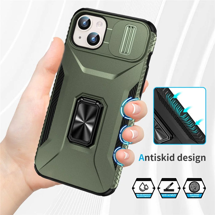 For iPhone 15 Plus / 14 Plus Case Camshield Kickstand TPU+PC Anti-Slip Phone Cover - Green - 4
