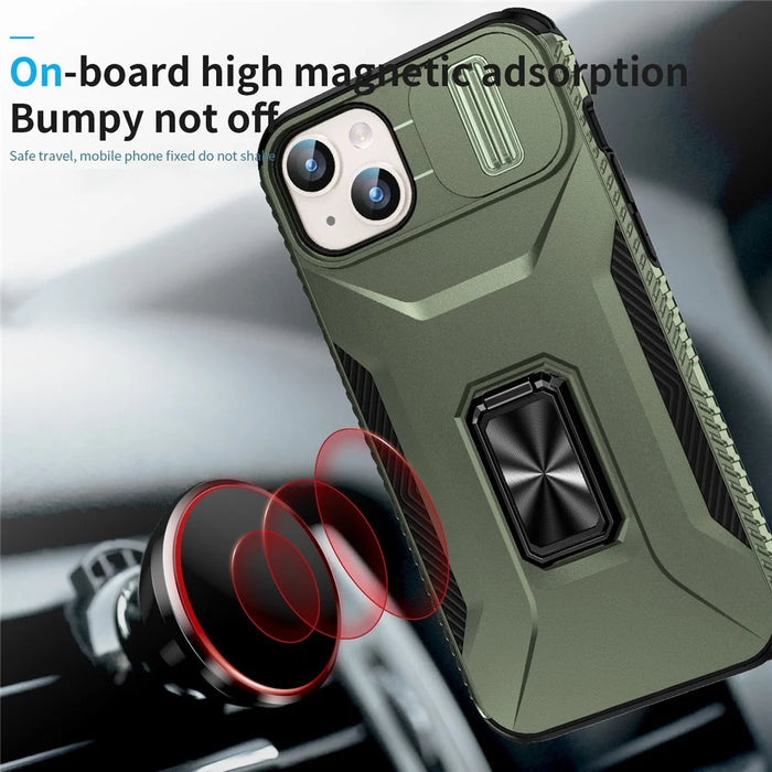 For iPhone 15 Plus / 14 Plus Case Camshield Kickstand TPU+PC Anti-Slip Phone Cover - Green - 5