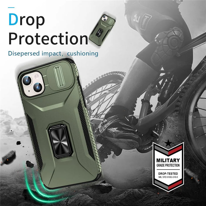 For iPhone 15 Plus / 14 Plus Case Camshield Kickstand TPU+PC Anti-Slip Phone Cover - Green - 6