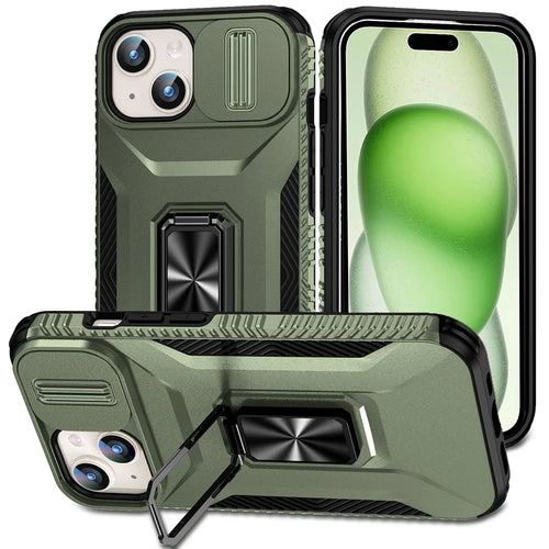 For iPhone 15 Case Camshield Kickstand TPU+PC Anti-Slip Phone Cover - Green - 1
