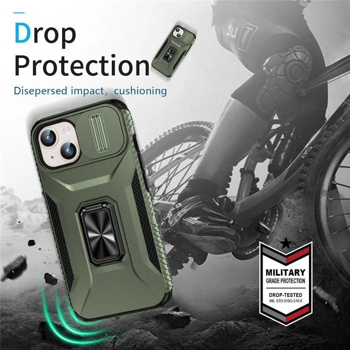 For iPhone 15 Case Camshield Kickstand TPU+PC Anti-Slip Phone Cover - Green - 3