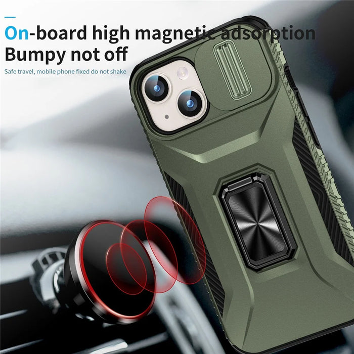 For iPhone 15 Case Camshield Kickstand TPU+PC Anti-Slip Phone Cover - Green - 4