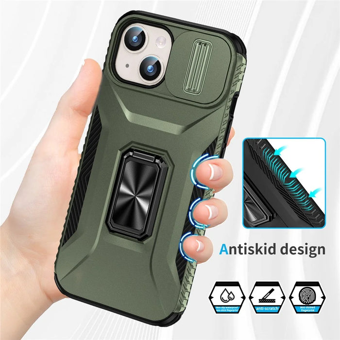 For iPhone 15 Case Camshield Kickstand TPU+PC Anti-Slip Phone Cover - Green - 5