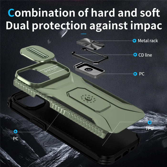 For iPhone 15 Case Camshield Kickstand TPU+PC Anti-Slip Phone Cover - Green - 7
