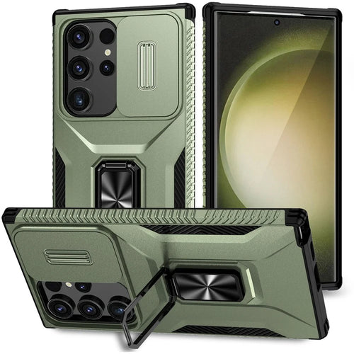 For Samsung Galaxy S24 Ultra Case Camshield Kickstand TPU+PC Anti-Slip Phone Cover - Green - 1