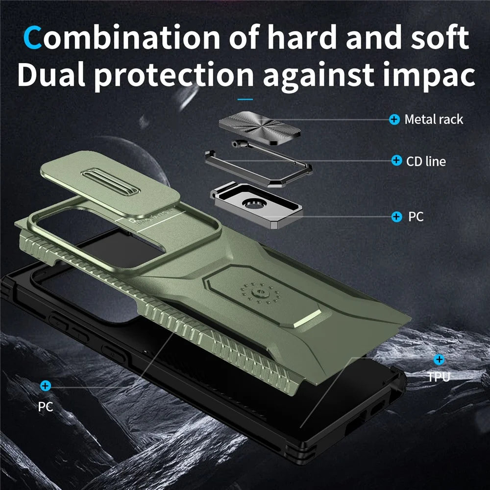 For Samsung Galaxy S24 Ultra Case Camshield Kickstand TPU+PC Anti-Slip Phone Cover - Green - 2