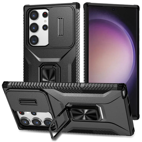 For Samsung Galaxy S23 Ultra Case Camshield Kickstand TPU+PC Anti-Slip Phone Cover - Black - 1