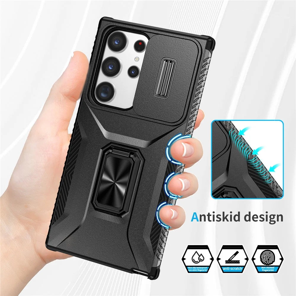 For Samsung Galaxy S23 Ultra Case Camshield Kickstand TPU+PC Anti-Slip Phone Cover - Black - 5