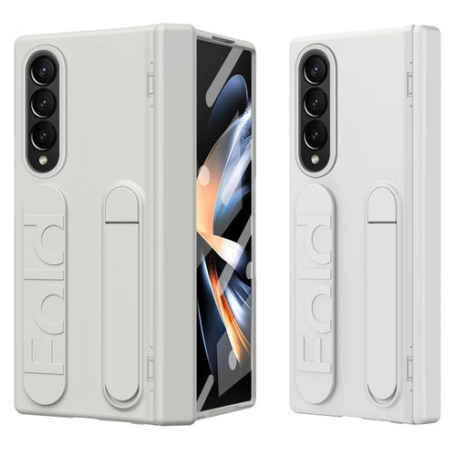 For Samsung Galaxy Z Fold4 5G Case Kickstand Wristband PC Phone Cover with Tempered Glass Film - White - 1