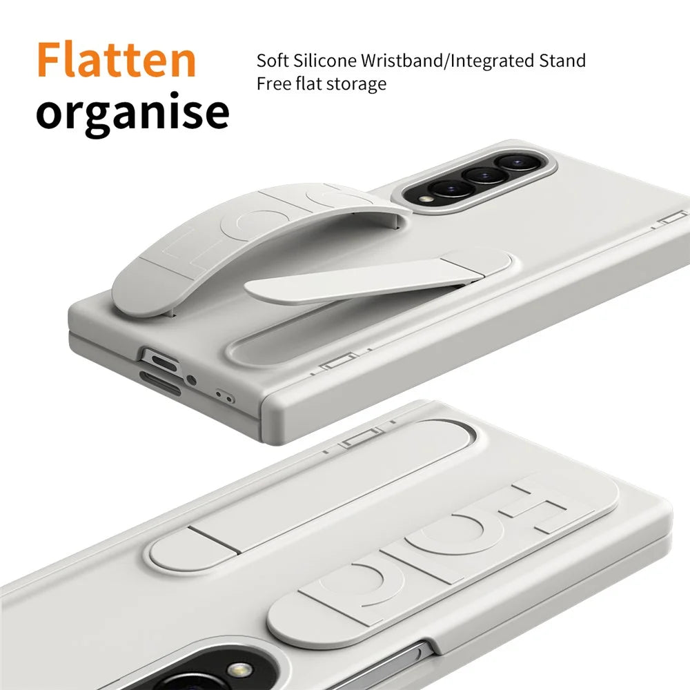 For Samsung Galaxy Z Fold4 5G Case Kickstand Wristband PC Phone Cover with Tempered Glass Film - White - 2