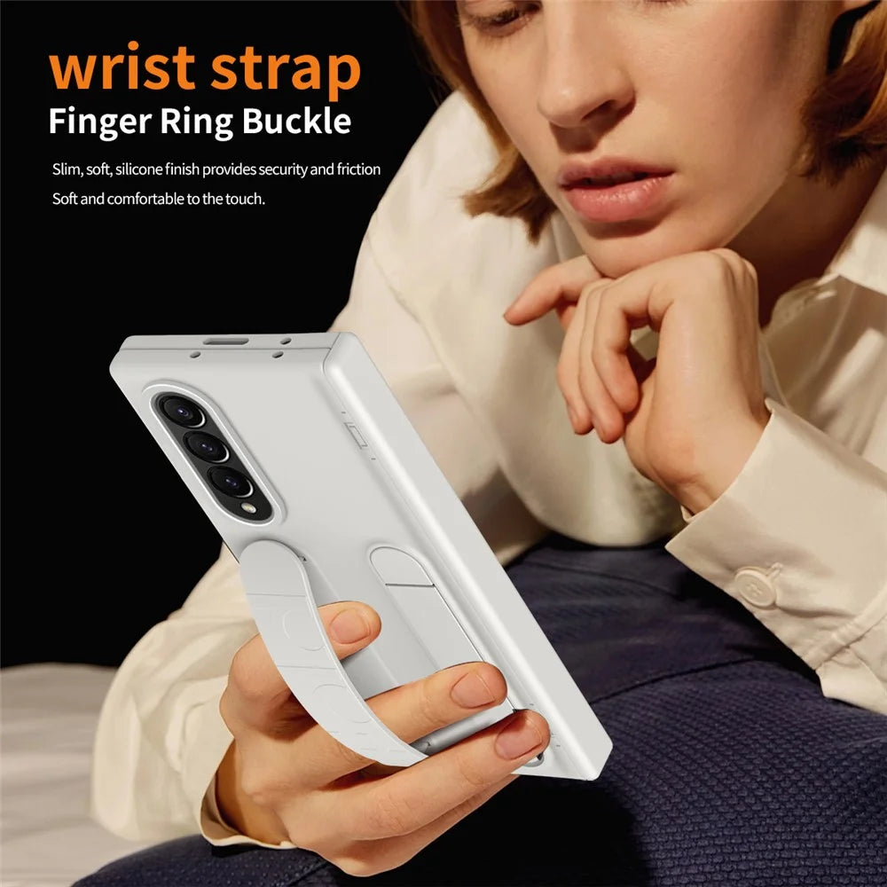 For Samsung Galaxy Z Fold4 5G Case Kickstand Wristband PC Phone Cover with Tempered Glass Film - White - 3