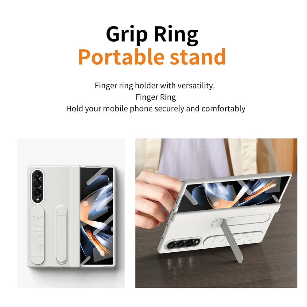 For Samsung Galaxy Z Fold4 5G Case Kickstand Wristband PC Phone Cover with Tempered Glass Film - White - 6