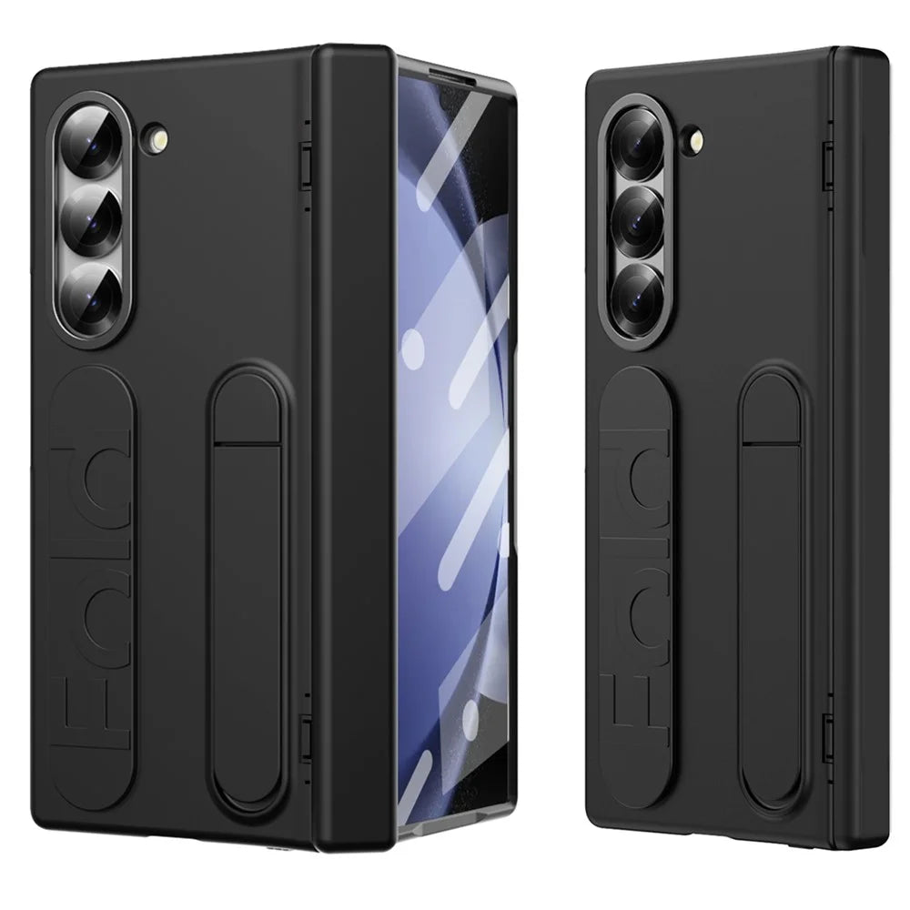 For Samsung Galaxy Z Fold5 5G Case Kickstand Wristband PC Phone Cover with Tempered Glass Film - Black - 1
