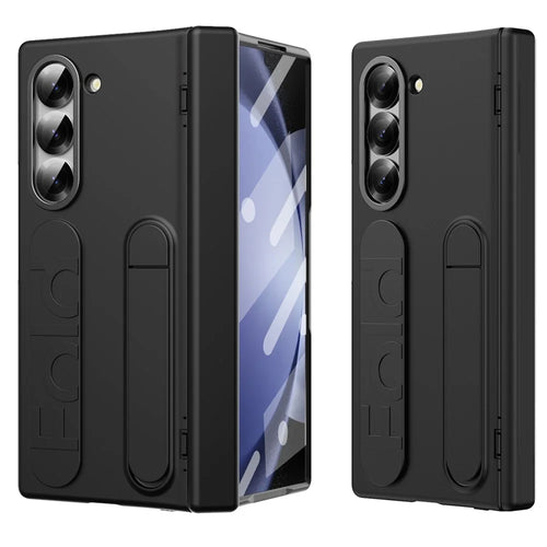 For Samsung Galaxy Z Fold5 5G Case Kickstand Wristband PC Phone Cover with Tempered Glass Film - Black - 1