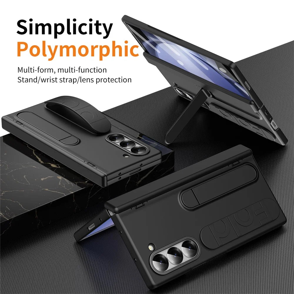 For Samsung Galaxy Z Fold5 5G Case Kickstand Wristband PC Phone Cover with Tempered Glass Film - Black - 4