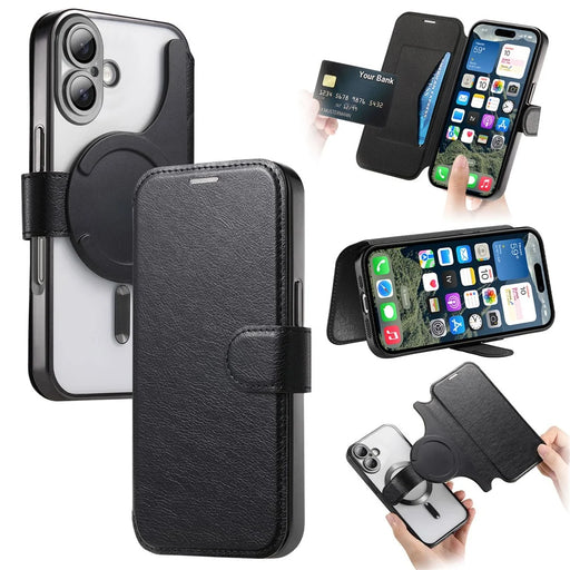 CASENEO For iPhone 16 Plus Case with Lens Film TPU Inner Shell Detachable Leather Phone Cover - Black - 1