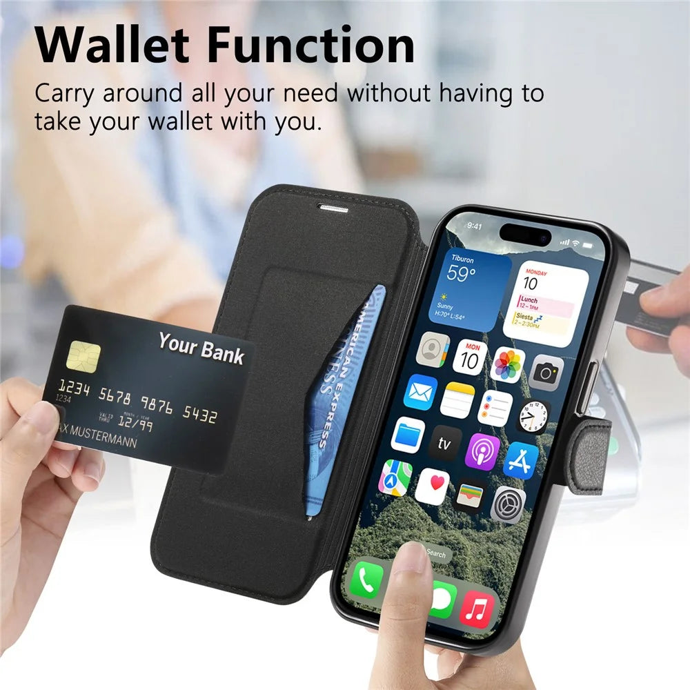CASENEO For iPhone 16 Plus Case with Lens Film TPU Inner Shell Detachable Leather Phone Cover - Black - 6