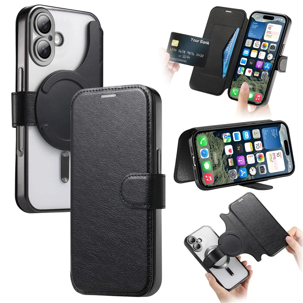 CASENEO For iPhone 16 Case with Lens Film TPU Inner Shell Detachable Leather Phone Cover - Black - 1