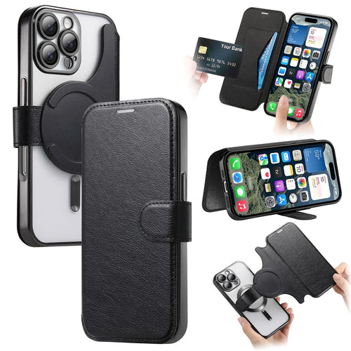 CASENEO For iPhone 16 Pro Max Case with Lens Film TPU Inner Shell Detachable Leather Phone Cover - Black - 1