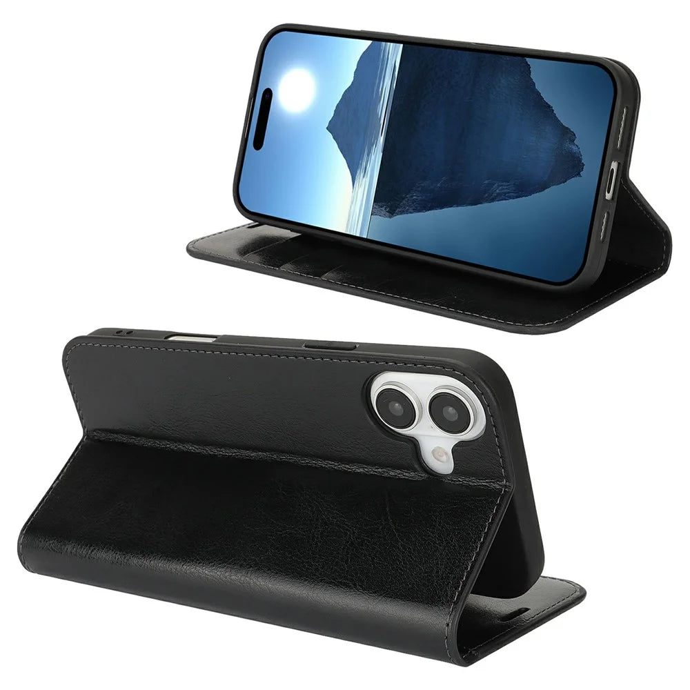 For iPhone 16 Case Crazy Horse Texture Split Leather Wallet Phone Cover - Black - 2