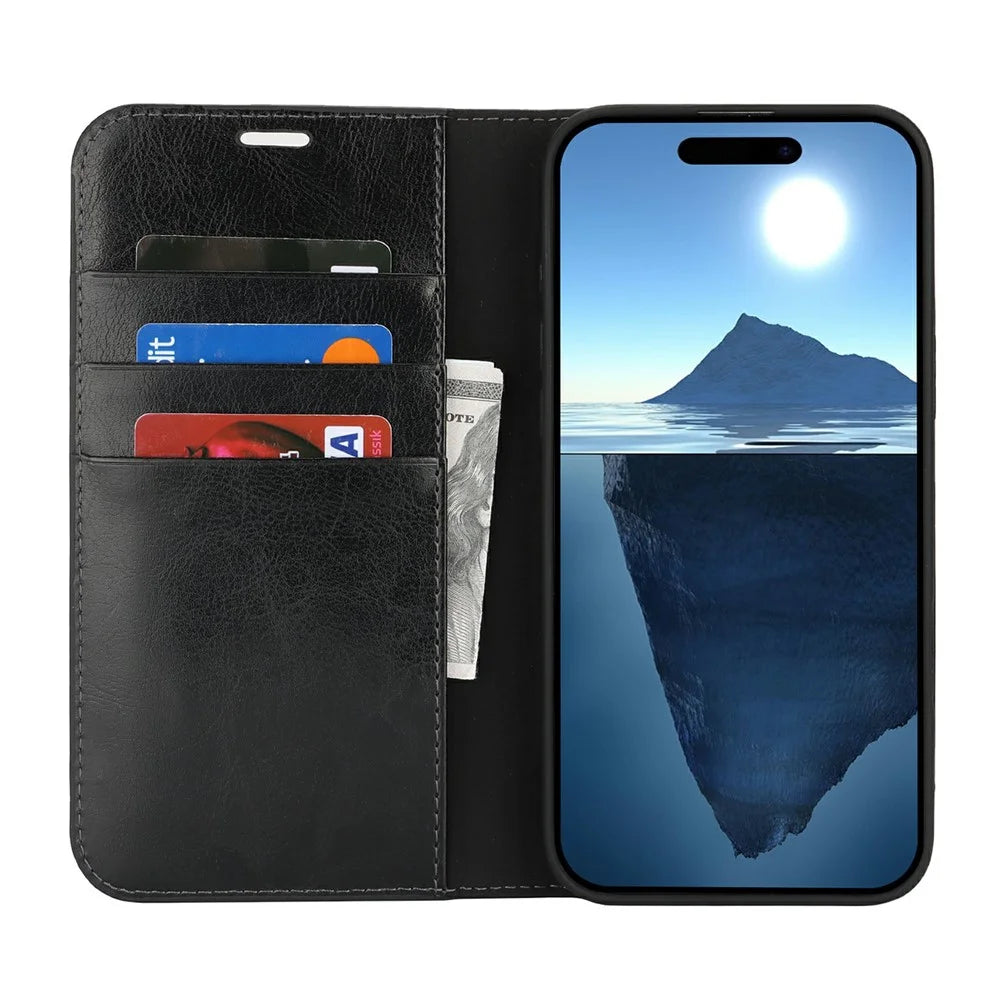 For iPhone 16 Case Crazy Horse Texture Split Leather Wallet Phone Cover - Black - 3