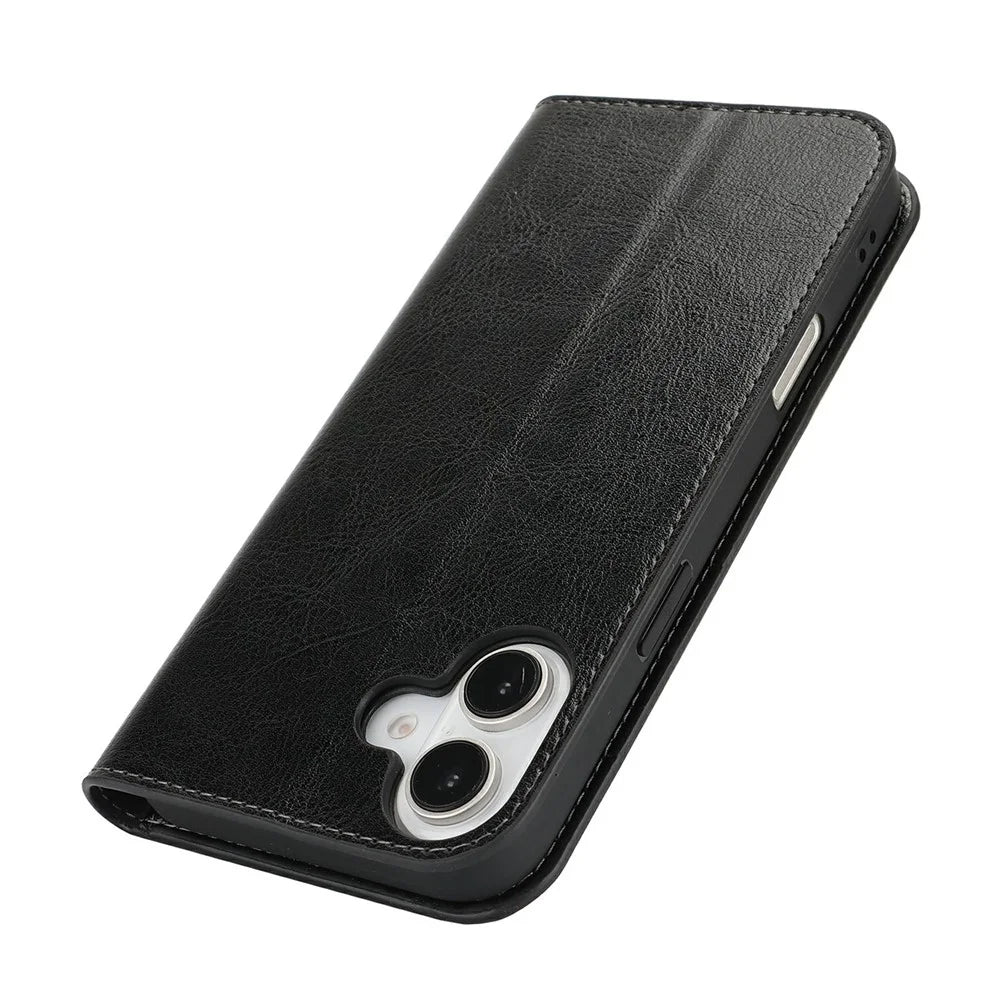 For iPhone 16 Case Crazy Horse Texture Split Leather Wallet Phone Cover - Black - 5