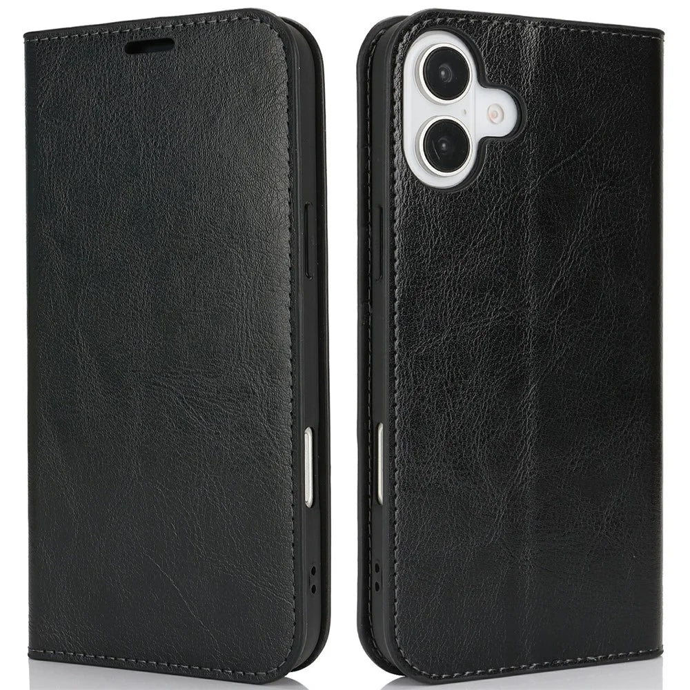 For iPhone 16 Plus Case Crazy Horse Texture Split Leather Wallet Phone Cover - Black - 1