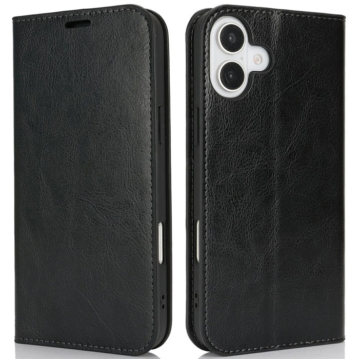 For iPhone 16 Plus Case Crazy Horse Texture Split Leather Wallet Phone Cover - Black - 1