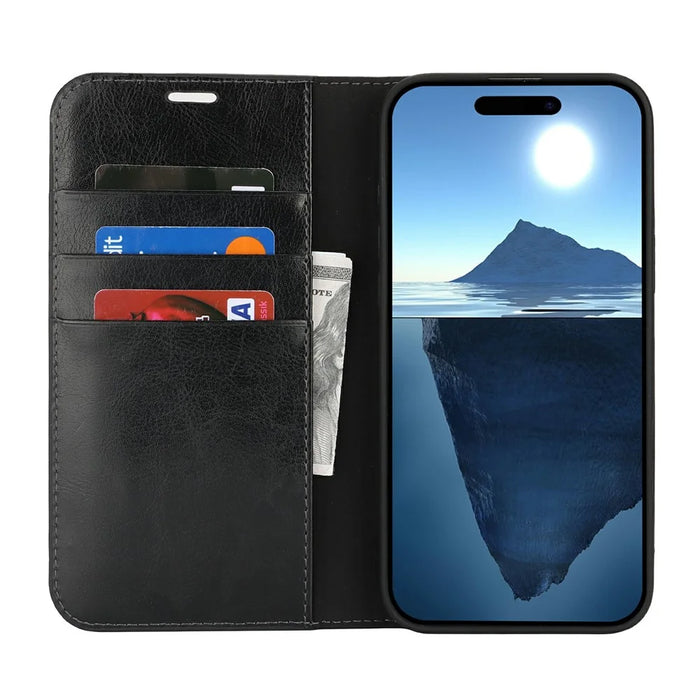 For iPhone 16 Plus Case Crazy Horse Texture Split Leather Wallet Phone Cover - Black - 3