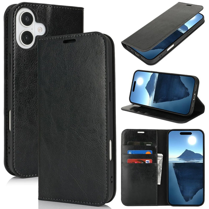 For iPhone 16 Plus Case Crazy Horse Texture Split Leather Wallet Phone Cover - Black - 7