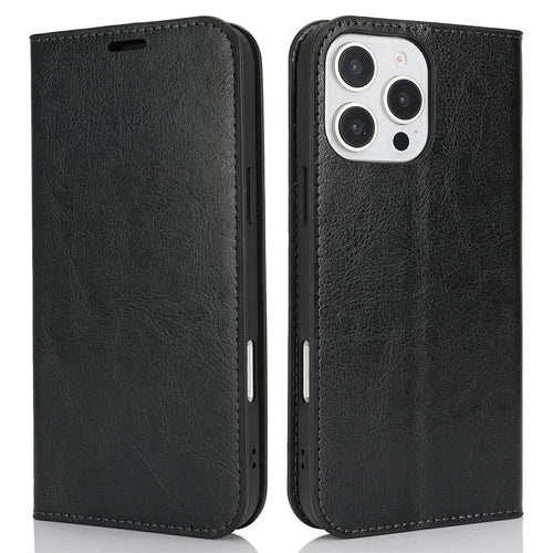 For iPhone 16 Pro Max Case Crazy Horse Texture Split Leather Wallet Phone Cover - Black - 1