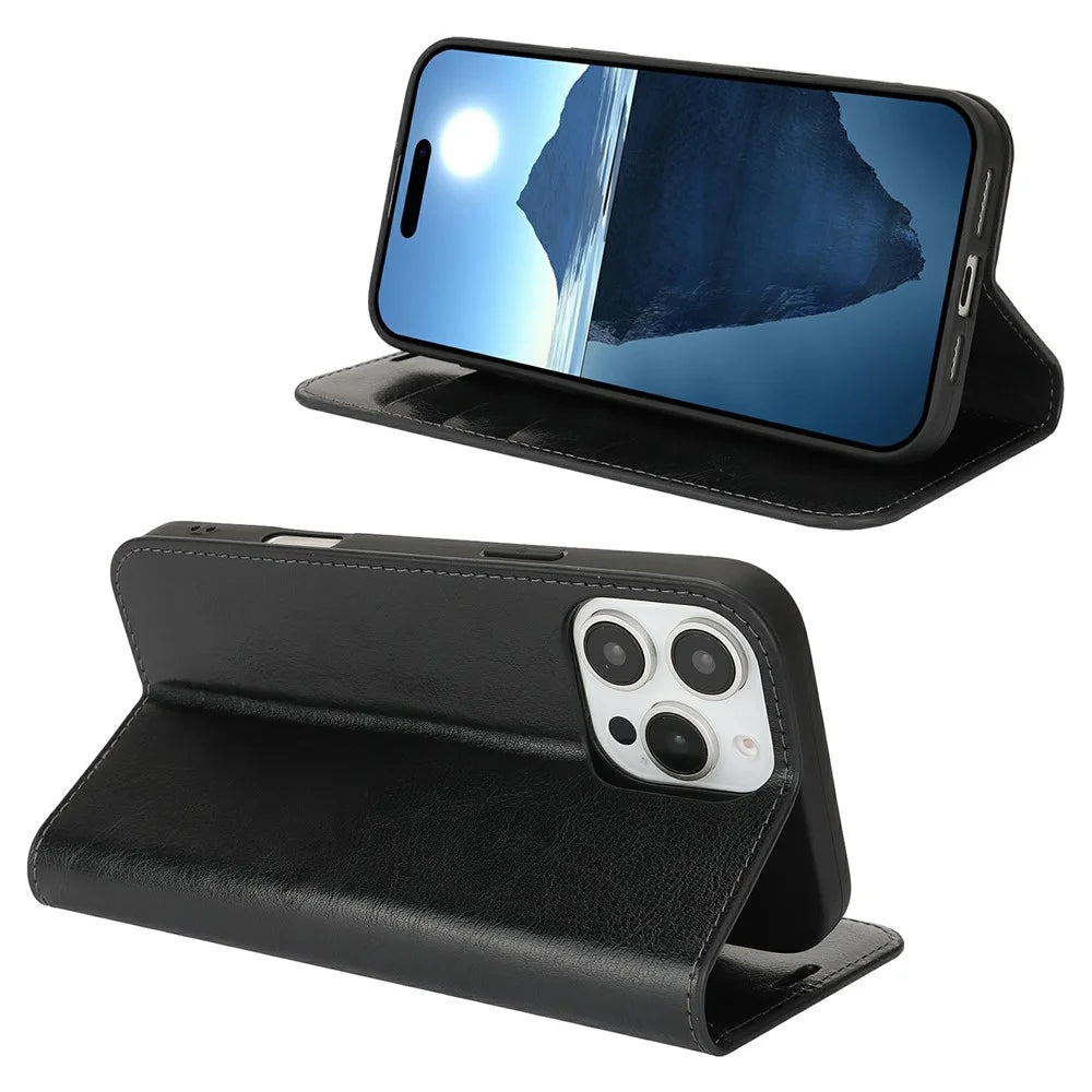 For iPhone 16 Pro Max Case Crazy Horse Texture Split Leather Wallet Phone Cover - Black - 2