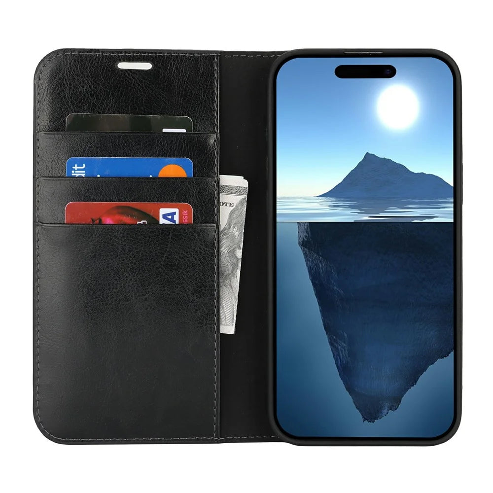 For iPhone 16 Pro Max Case Crazy Horse Texture Split Leather Wallet Phone Cover - Black - 3