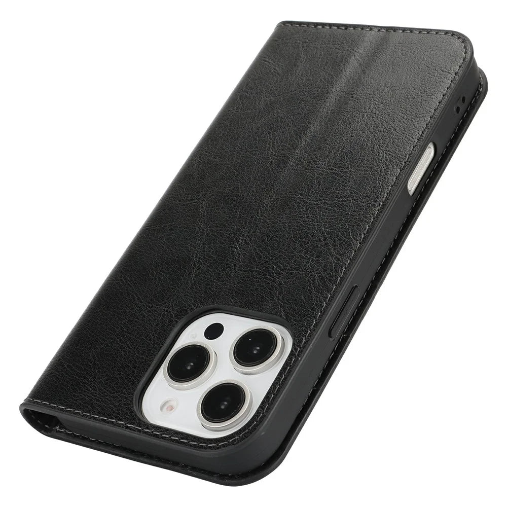 For iPhone 16 Pro Case Crazy Horse Texture Split Leather Wallet Phone Cover - Black - 4