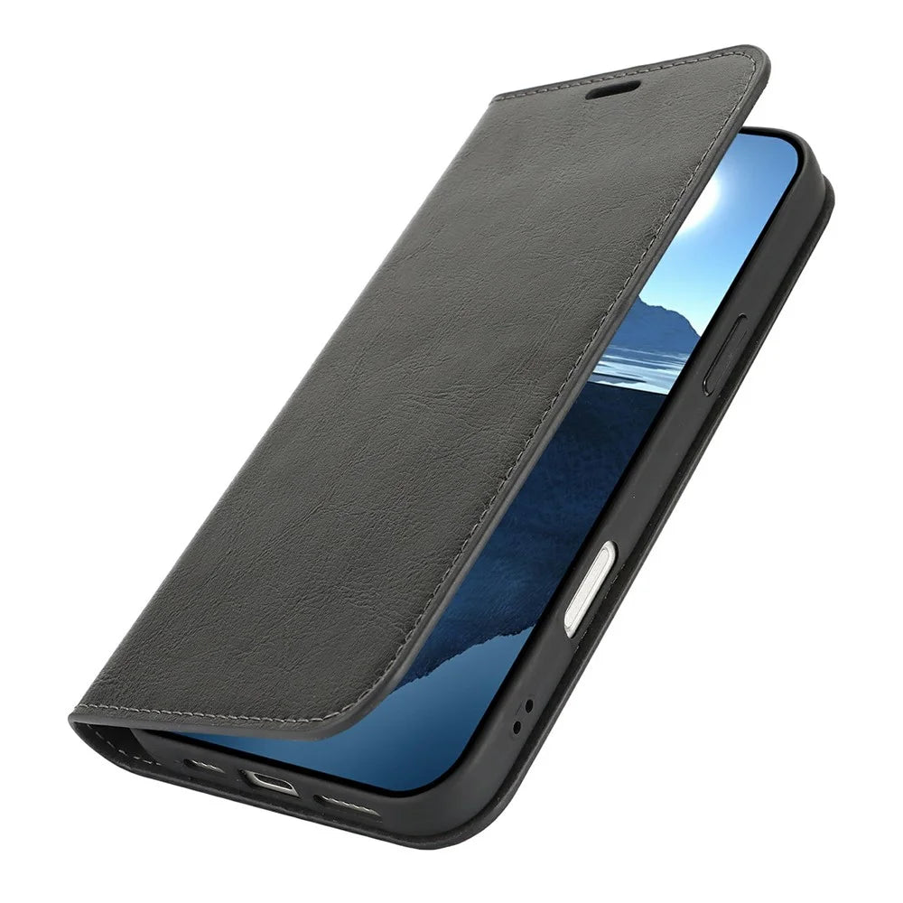 For iPhone 16 Pro Case Crazy Horse Texture Split Leather Wallet Phone Cover - Black - 5