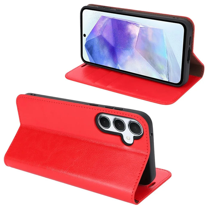 For Samsung Galaxy S24 FE Case Crazy Horse Texture Split Leather Wallet Phone Cover - Red - 2