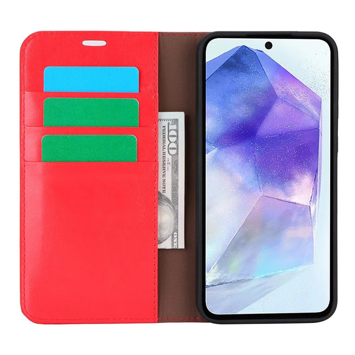 For Samsung Galaxy S24 FE Case Crazy Horse Texture Split Leather Wallet Phone Cover - Red - 3