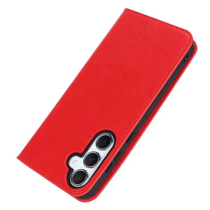 For Samsung Galaxy S24 FE Case Crazy Horse Texture Split Leather Wallet Phone Cover - Red - 4
