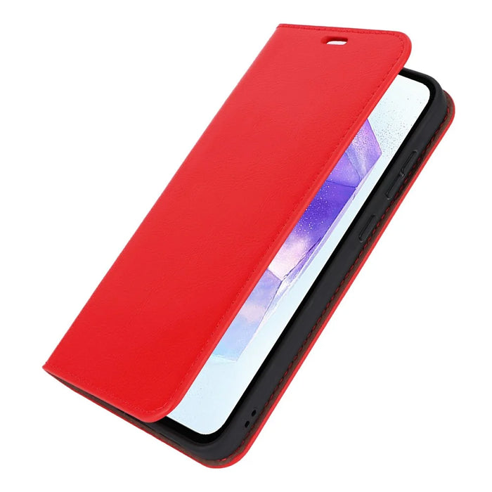 For Samsung Galaxy S24 FE Case Crazy Horse Texture Split Leather Wallet Phone Cover - Red - 5