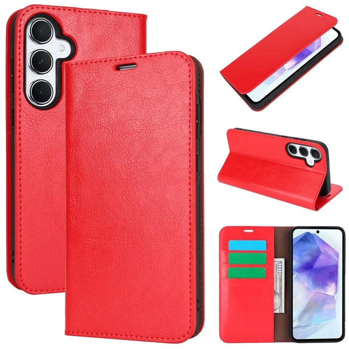 For Samsung Galaxy S24 FE Case Crazy Horse Texture Split Leather Wallet Phone Cover - Red - 7