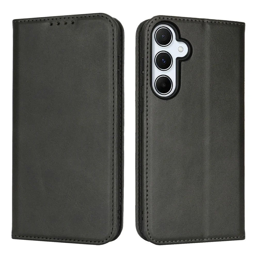 For Samsung Galaxy S24 FE Case PU Leather Calf Textured Magnetic Closing Smart Phone Cover - Black - 1