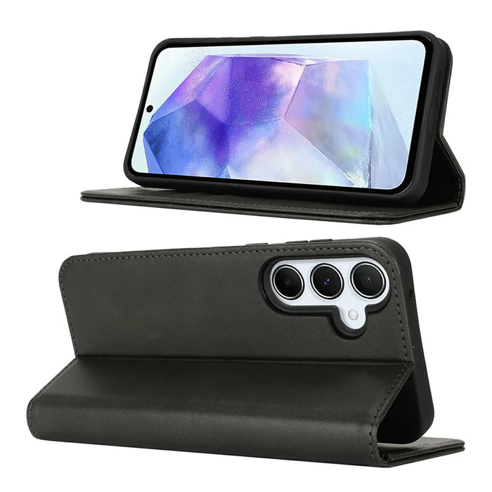 For Samsung Galaxy S24 FE Case PU Leather Calf Textured Magnetic Closing Smart Phone Cover - Black - 2