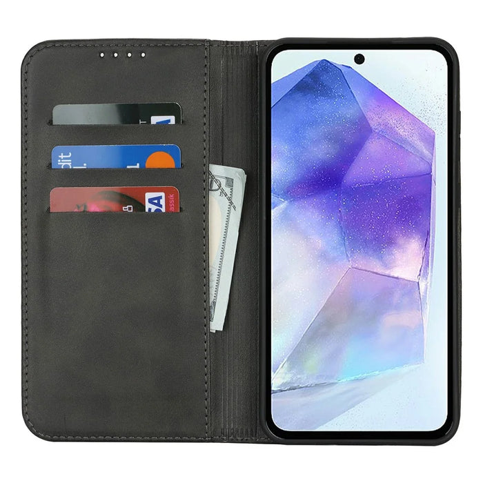 For Samsung Galaxy S24 FE Case PU Leather Calf Textured Magnetic Closing Smart Phone Cover - Black - 3