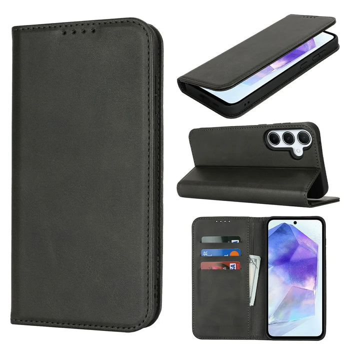 For Samsung Galaxy S24 FE Case PU Leather Calf Textured Magnetic Closing Smart Phone Cover - Black - 7