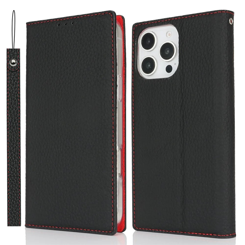 For iPhone 16 Pro Wallet Case Genuine Cow Leather Phone Cover Litchi Texture - Black - 1